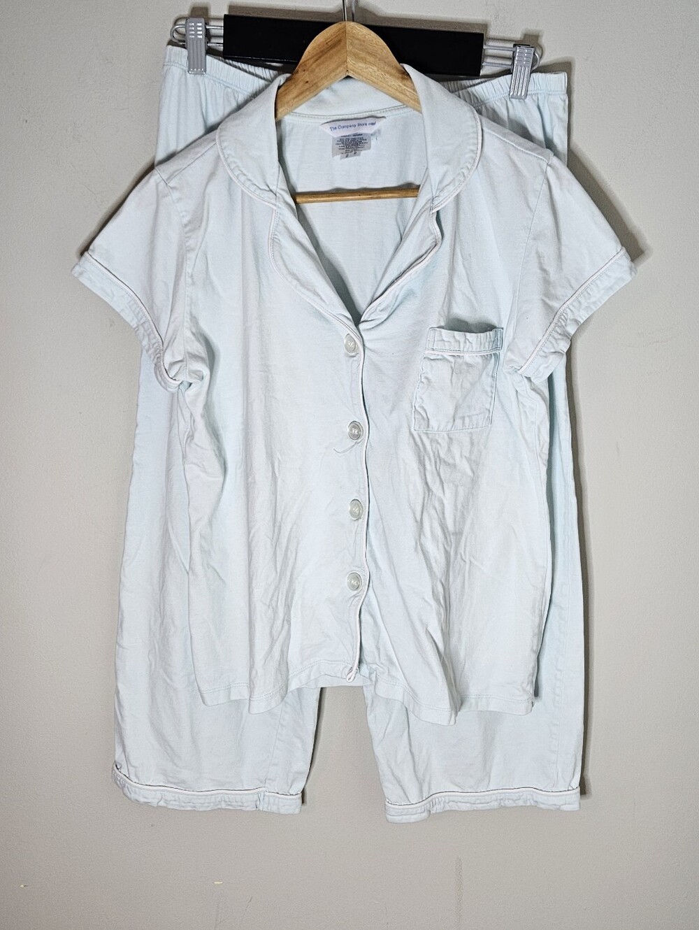 The Company Store Pajamas Knit Cotton Light Blue White Short Sleeves Elastic L